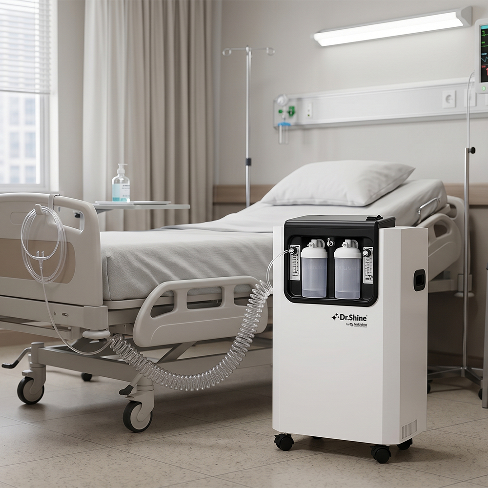 Dr. Shine OXY365 10 LPM oxygen concentrator beside a hospital bed