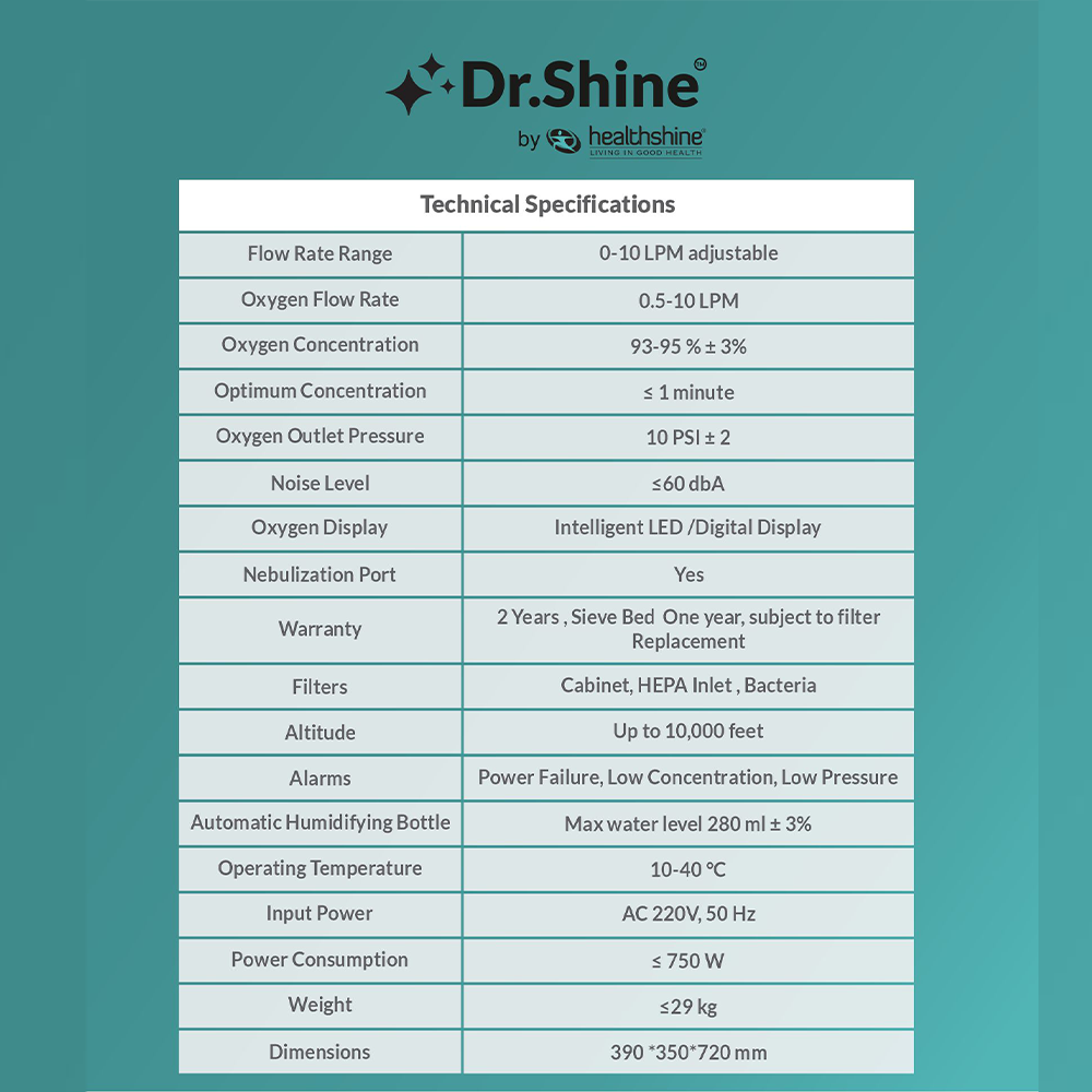 Dr. Shine OXY365 10 LPM oxygen concentrator technical specifications