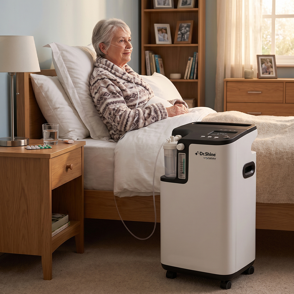 Dr. Shine OXY365 5 LPM oxygen concentrator beside a bed at home