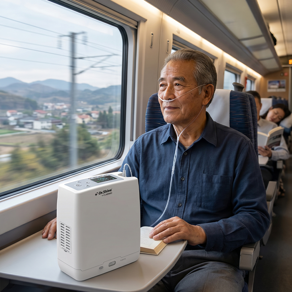 Traveller using the Dr. Shine OXY365 Mini portable oxygen concentrator on a train